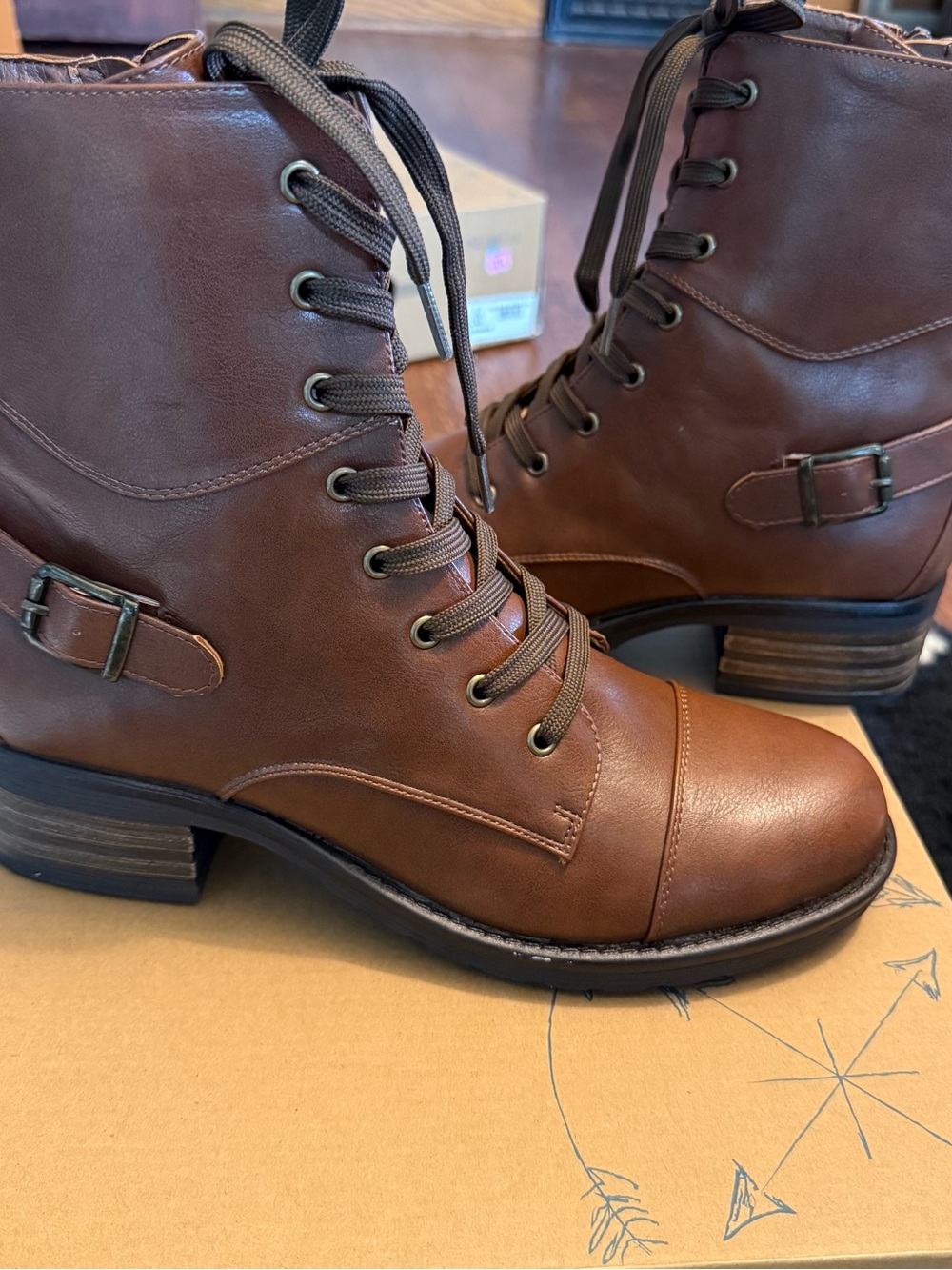 Indigo Brown Lace-Up Combat Boots with Buckle Detail